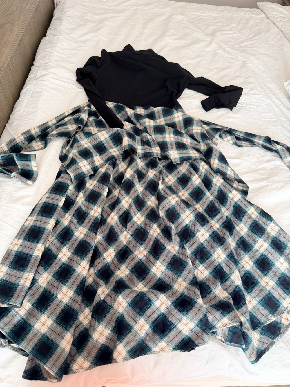Maje Black Bodice Plaid Flared Dress